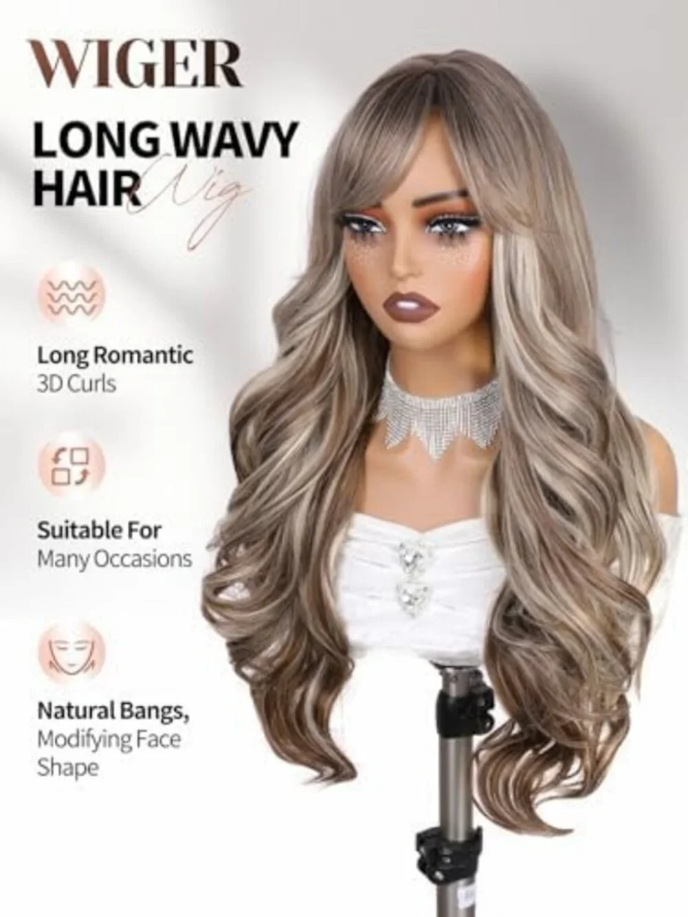 Long Brown Blonde Ombre Curly Wig with Bangs - 26 Inch Stylish Hairpiece
